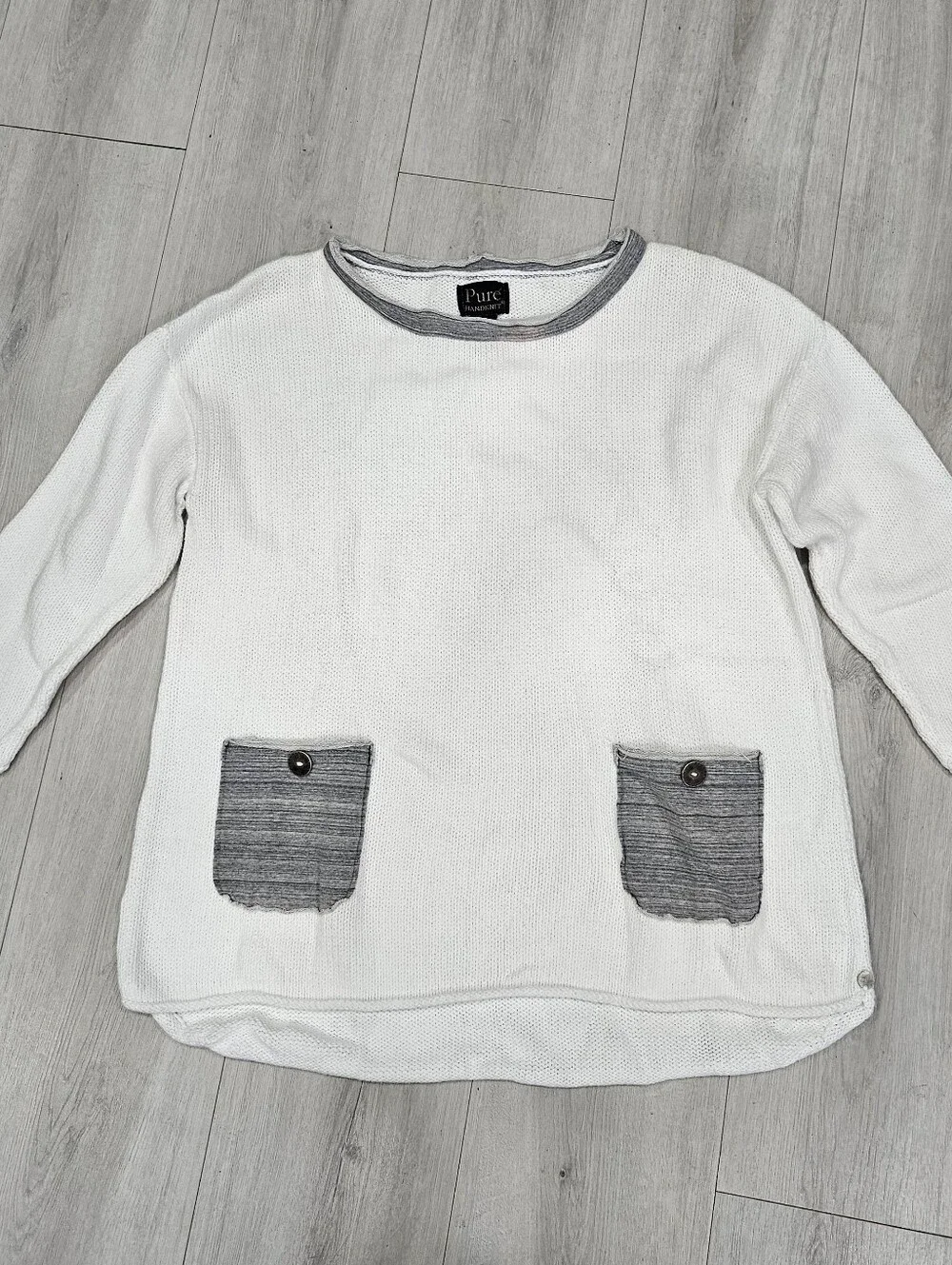 VTG Pure Handknit White Cotton Pullover Sweater Sz S Gray Pockets Rolled Hem
